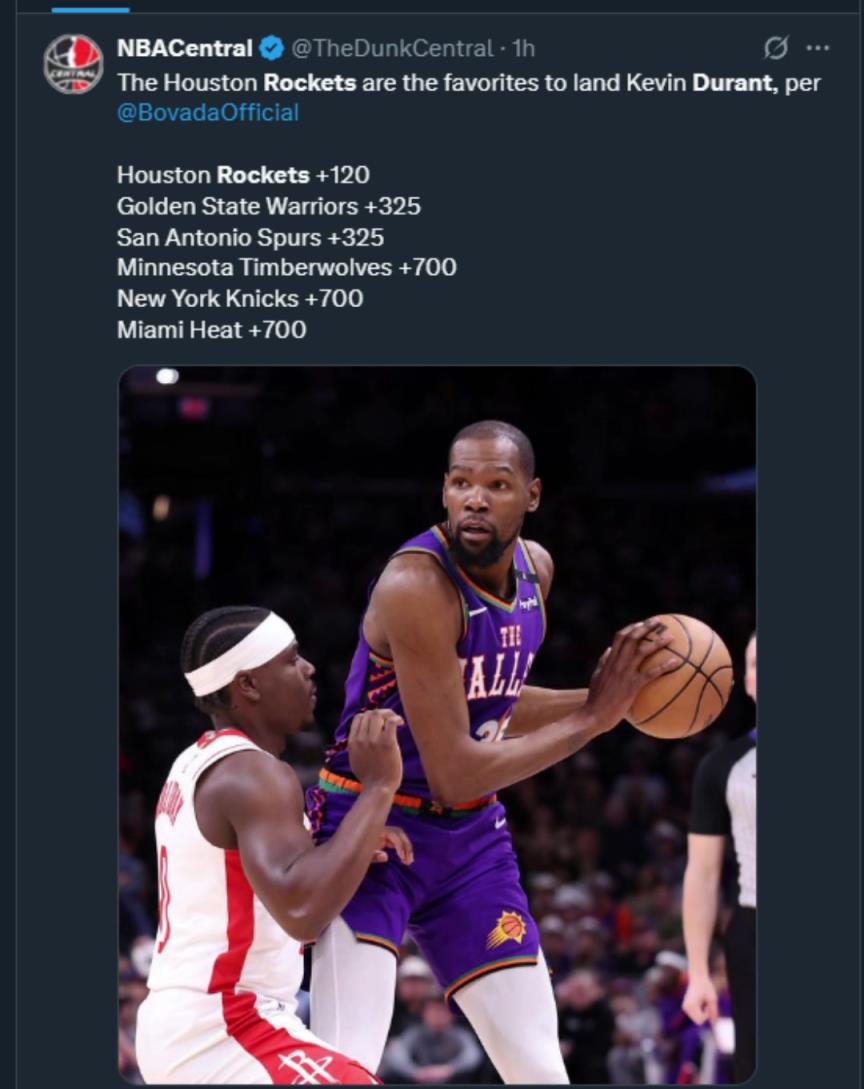 難道說？美媒曬杜蘭特下家賠率，火箭大幅度領(lǐng)跑！